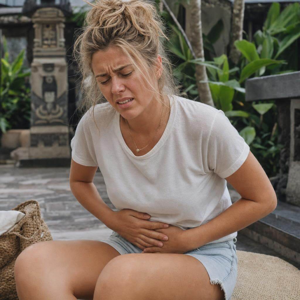 Person feeling unwell with stomach pain while travelling in Bali